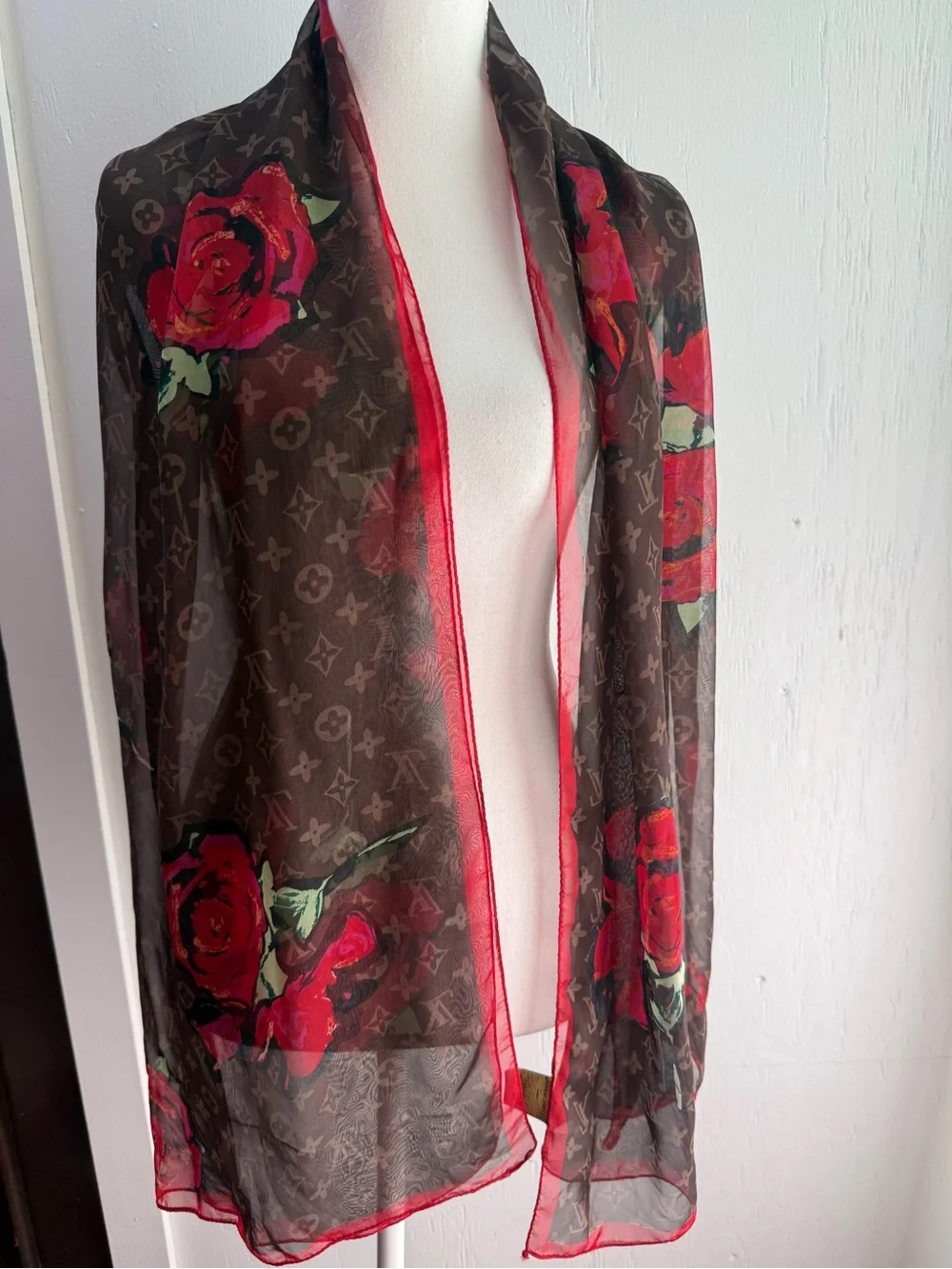 Louis Vuitton Brown Scarf with Red Rose Print